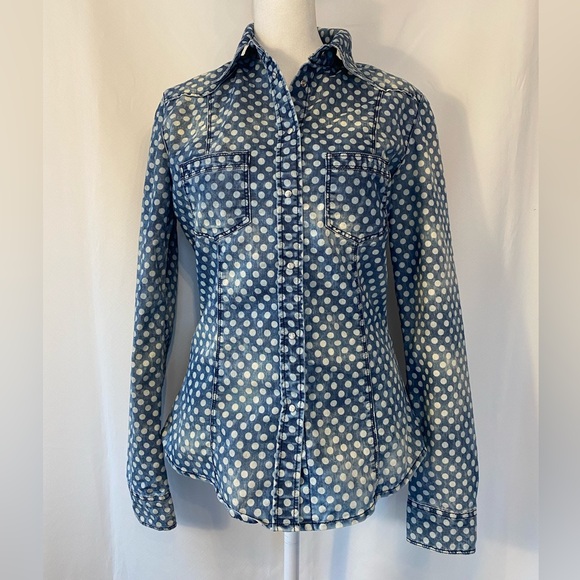 Guess Tops - Guess Polka Dot Pearl Snap Button Front Denim Shirt SM Coastal Cowgirl Western